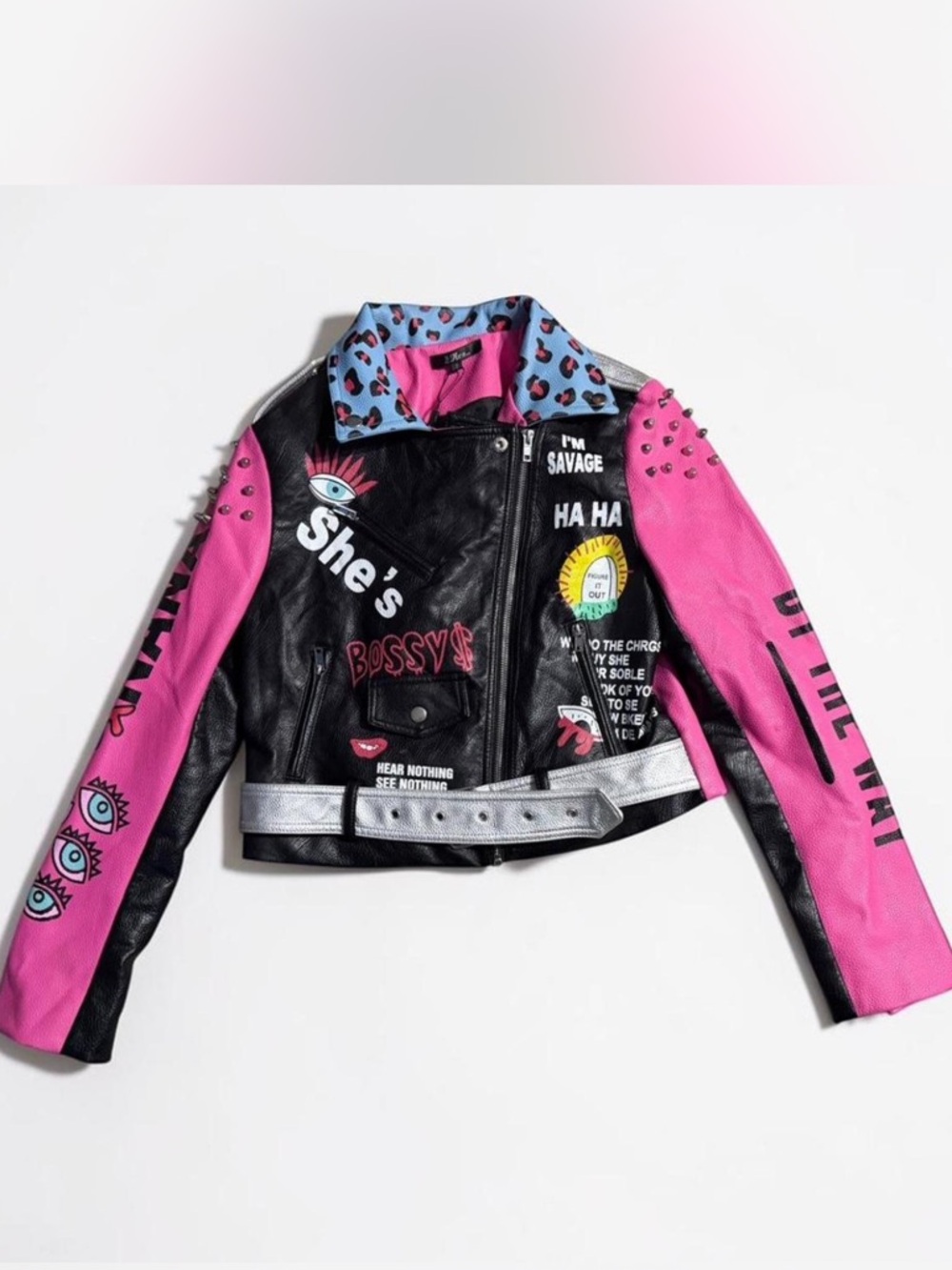 Pink & Black Graphic Studded Moto Jacket - Women's Statement Coat - Picture 3 of 8